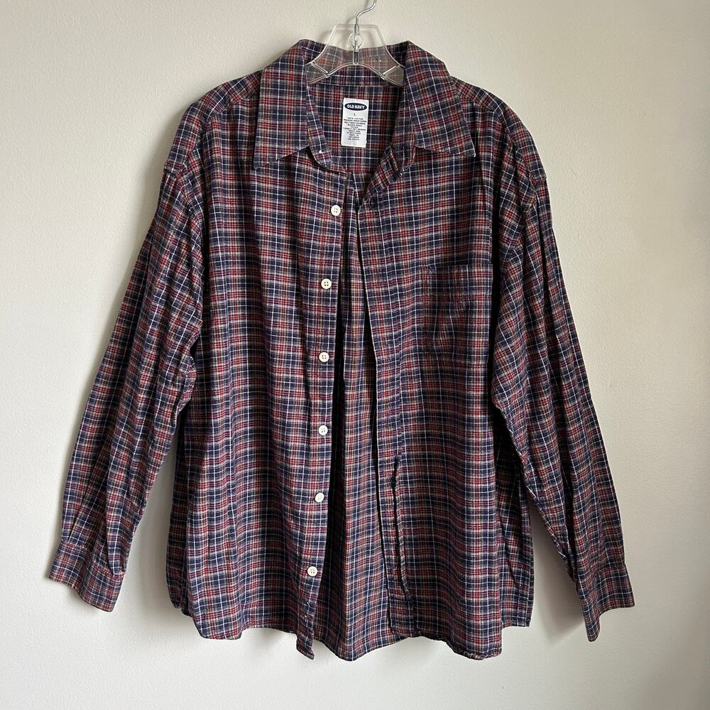 Old Navy Navy Blue Red Green Classic Plaid Cotton Y2K Button Down Shirt Large